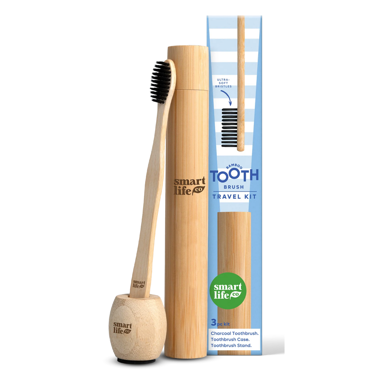 Charcoal Toothbrush with Bamboo Travel Case & Stand